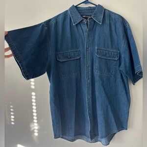 Vintage Men Blue Denim Preppy Button Up Short Sleeve Shirt - Size Large